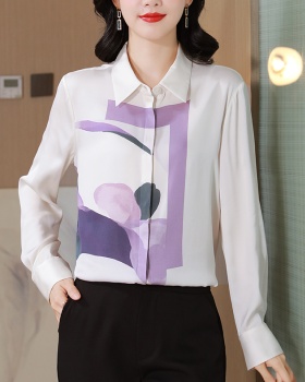 Lapel elasticity silk shirt real silk printing tops for women