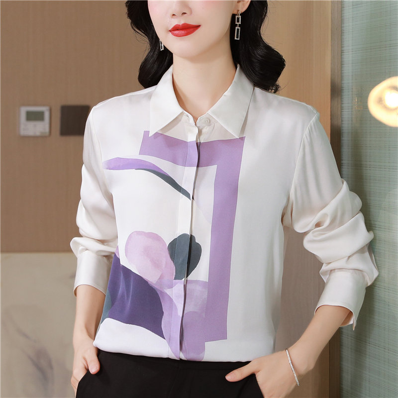 Lapel elasticity silk shirt real silk printing tops for women