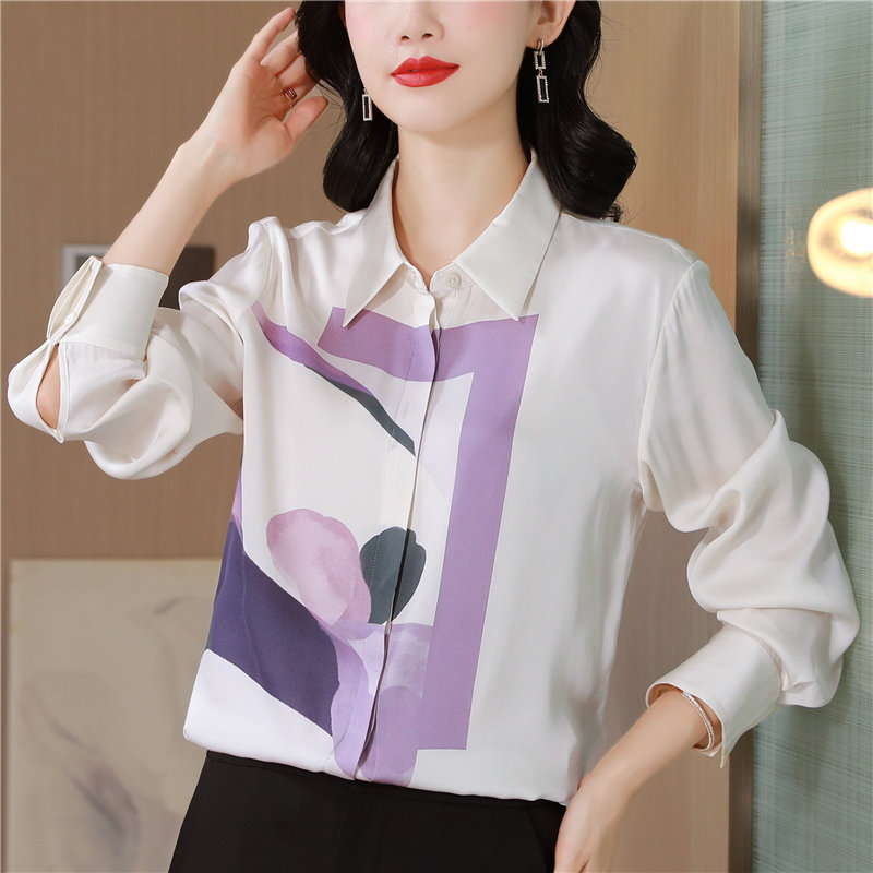 Lapel elasticity silk shirt real silk printing tops for women