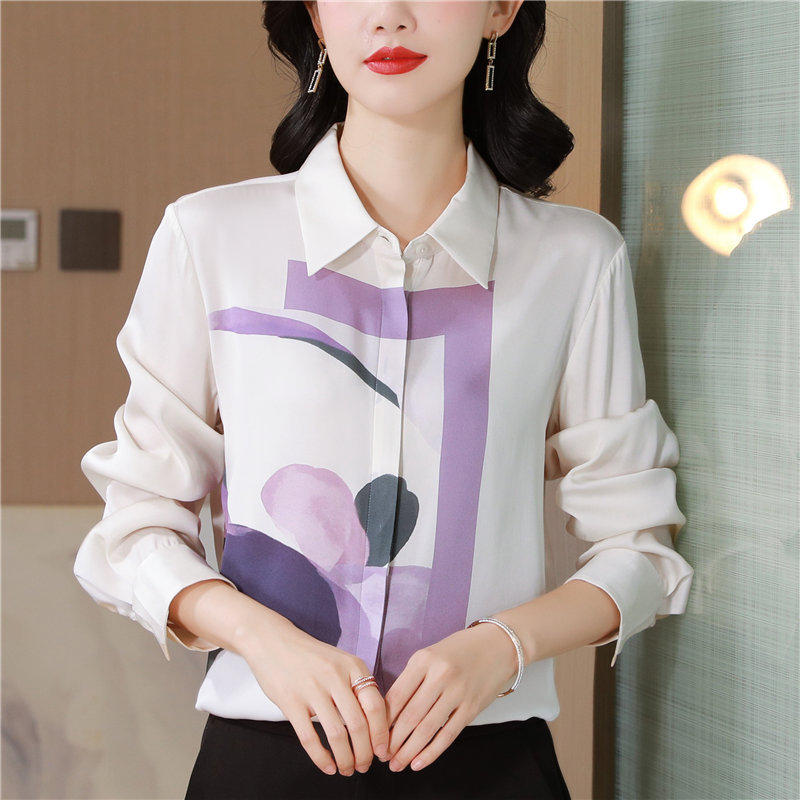 Lapel elasticity silk shirt real silk printing tops for women