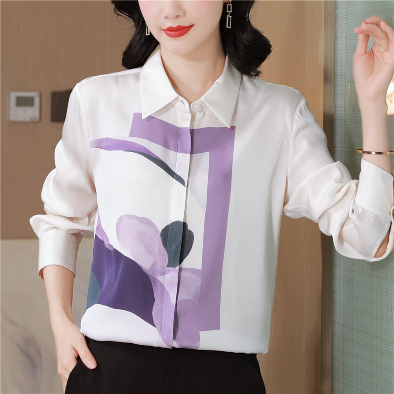 Lapel elasticity silk shirt real silk printing tops for women