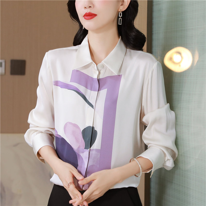 Lapel elasticity silk shirt real silk printing tops for women