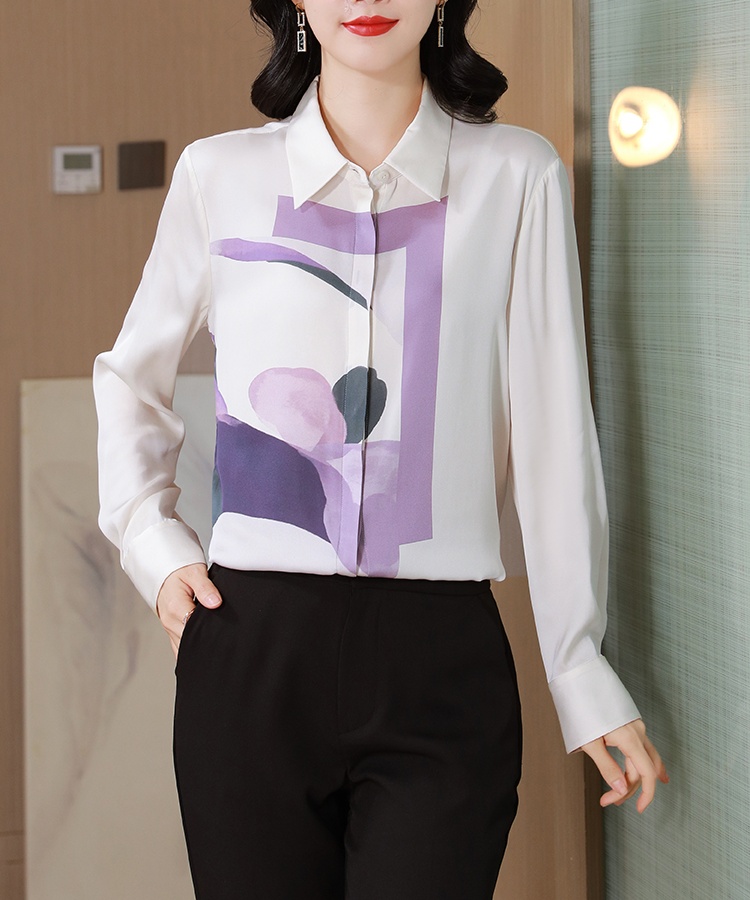 Lapel elasticity silk shirt real silk printing tops for women