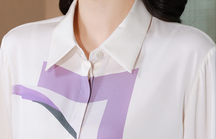 Lapel elasticity silk shirt real silk printing tops for women