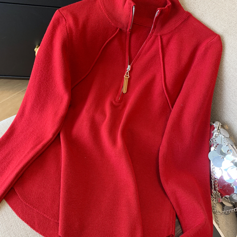 Zip pullover fashion all-match simple sweater for women