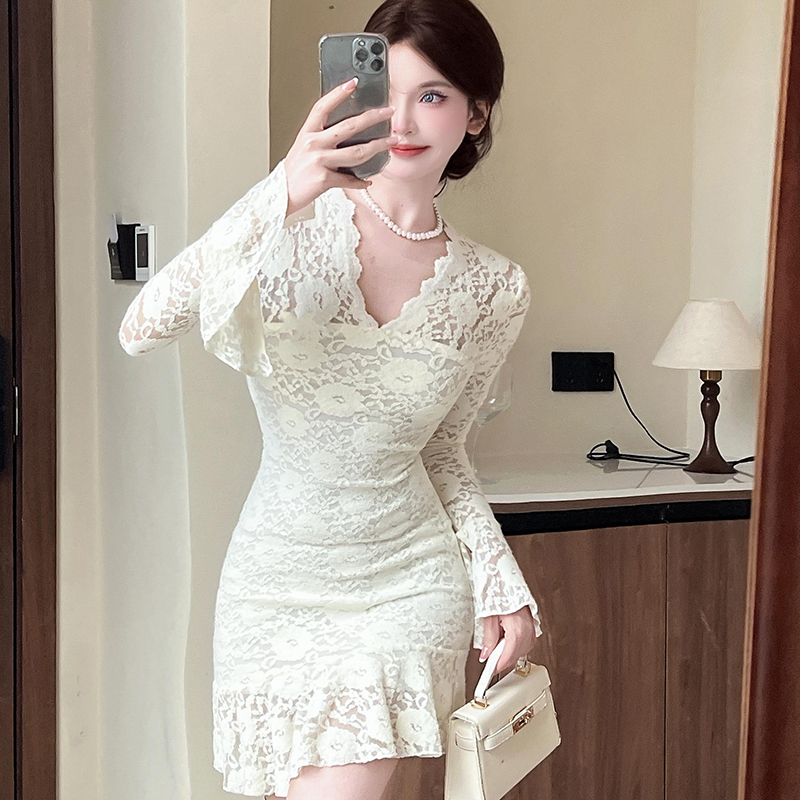 France style V-neck bottoming sexy splice dress for women