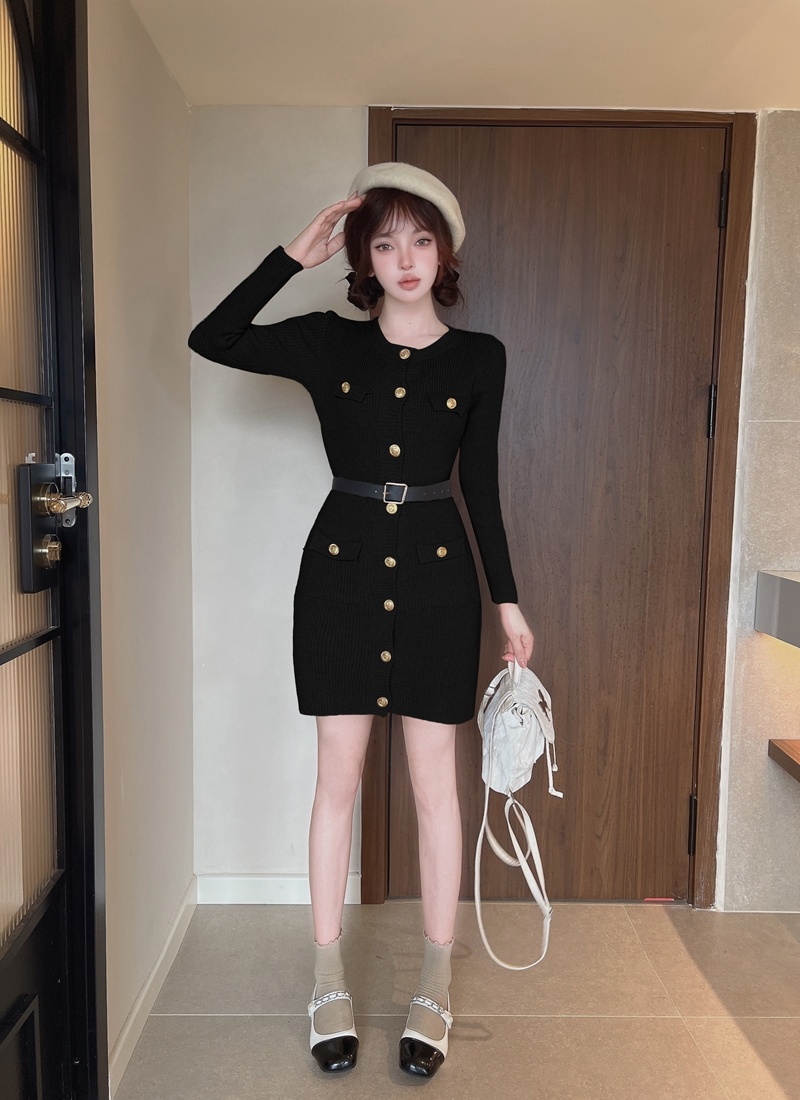 Thick small fellow dress single-breasted sweater dress