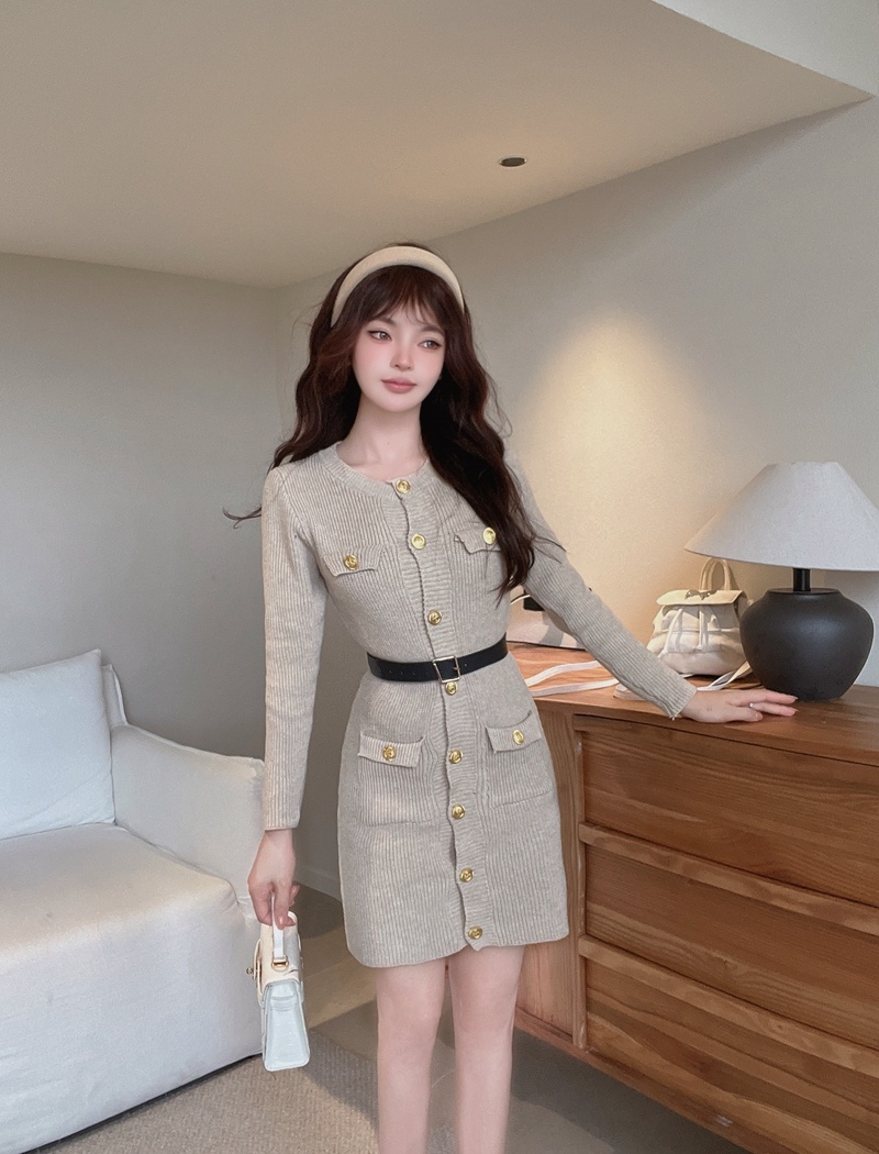 Thick small fellow dress single-breasted sweater dress