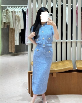 Short sleeve blue long skirt package hip slim tops a set