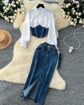 Denim belt long sleeve shirt 2pcs set for women