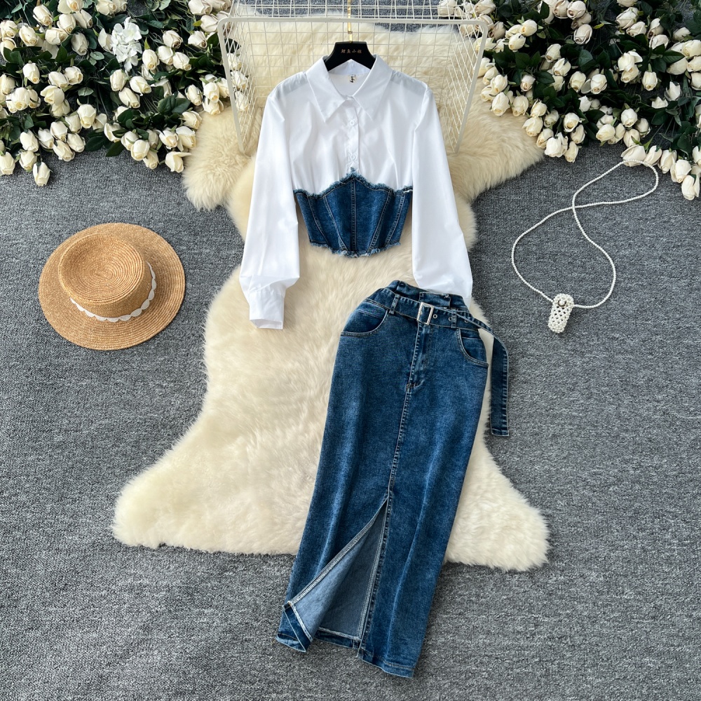 Denim belt long sleeve shirt 2pcs set for women