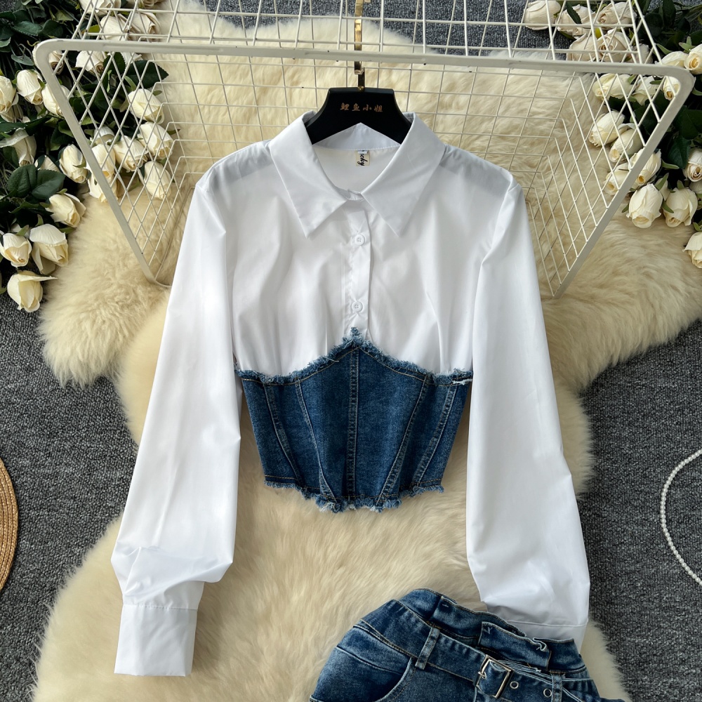 Denim belt long sleeve shirt 2pcs set for women