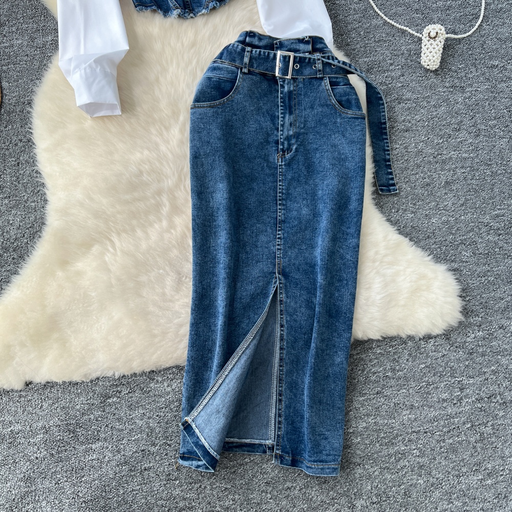 Denim belt long sleeve shirt 2pcs set for women