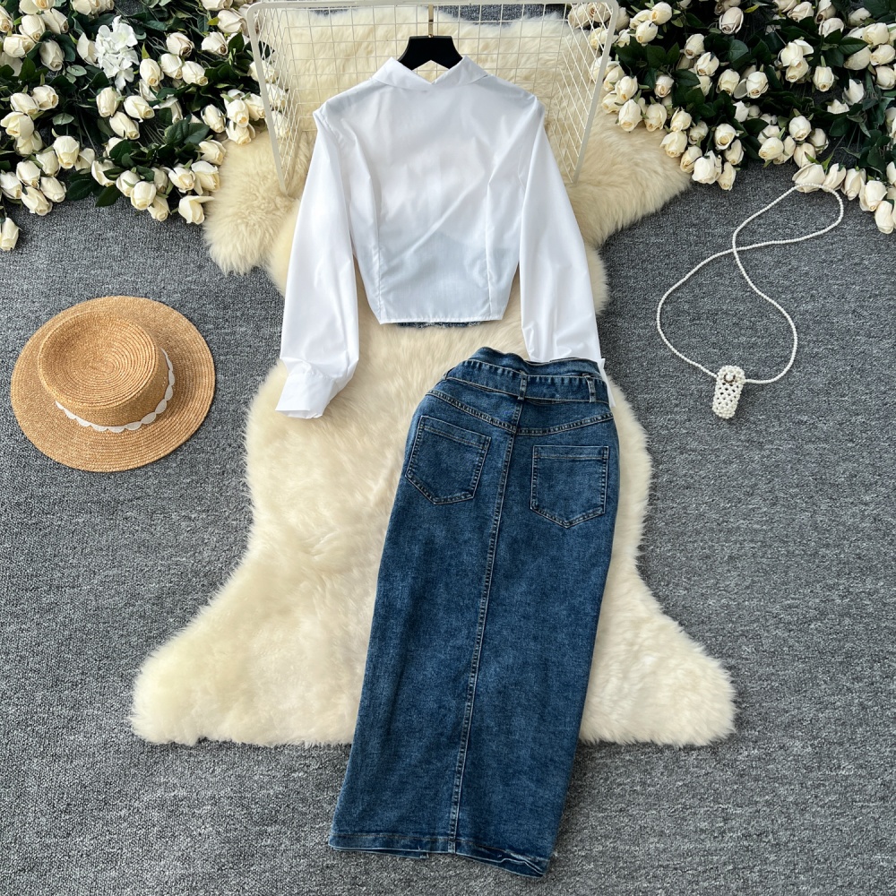 Denim belt long sleeve shirt 2pcs set for women