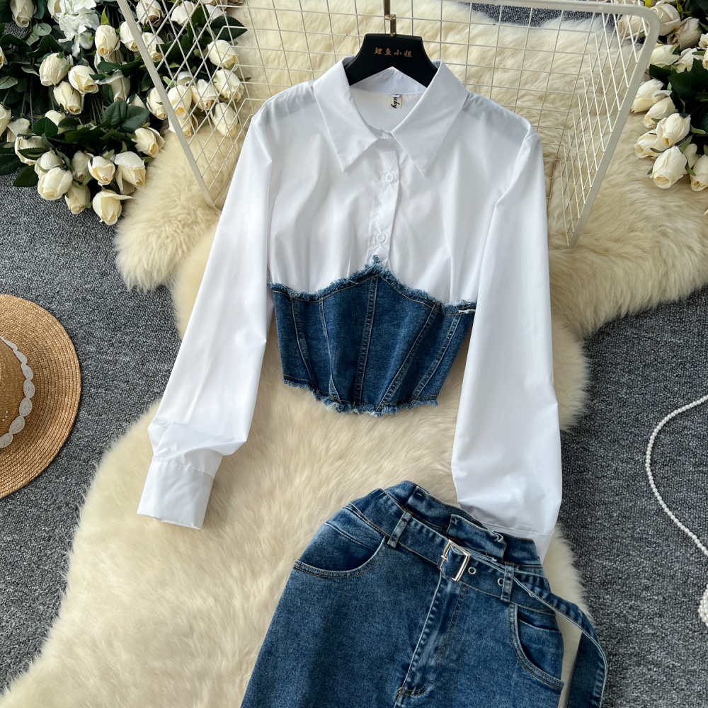 Denim belt long sleeve shirt 2pcs set for women