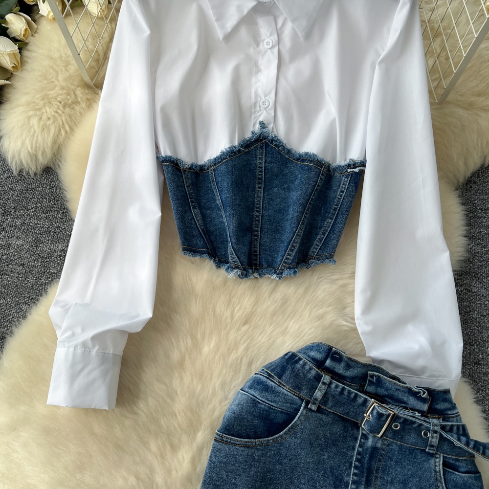 Denim belt long sleeve shirt 2pcs set for women