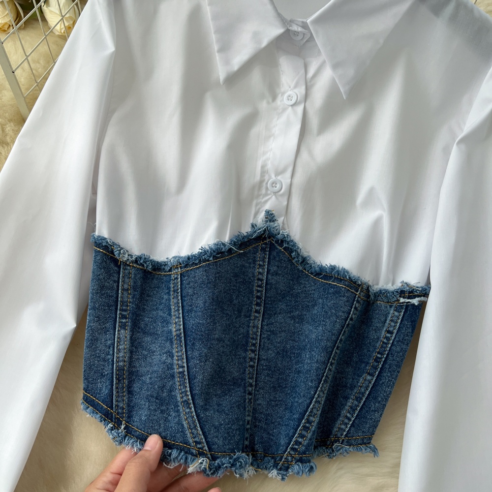 Denim belt long sleeve shirt 2pcs set for women