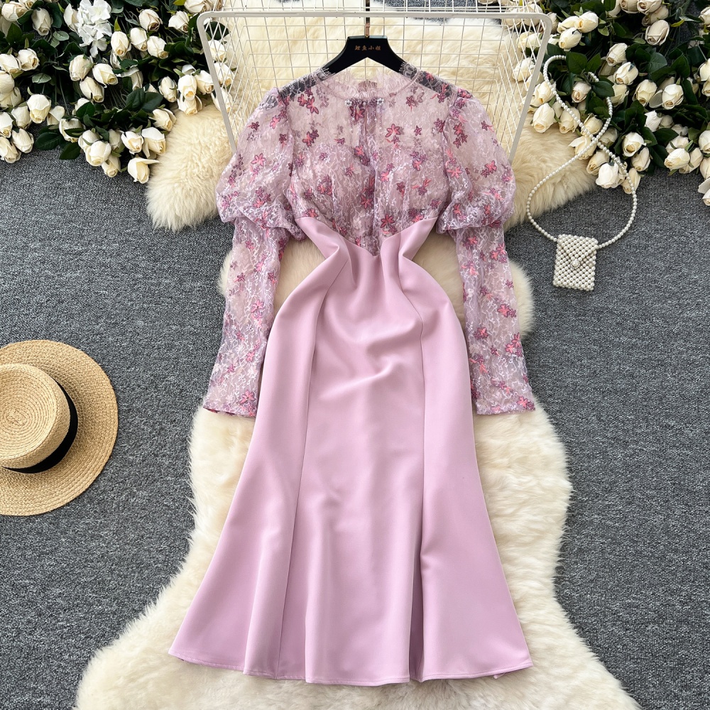 France style ladies dress pinched waist embroidery formal dress