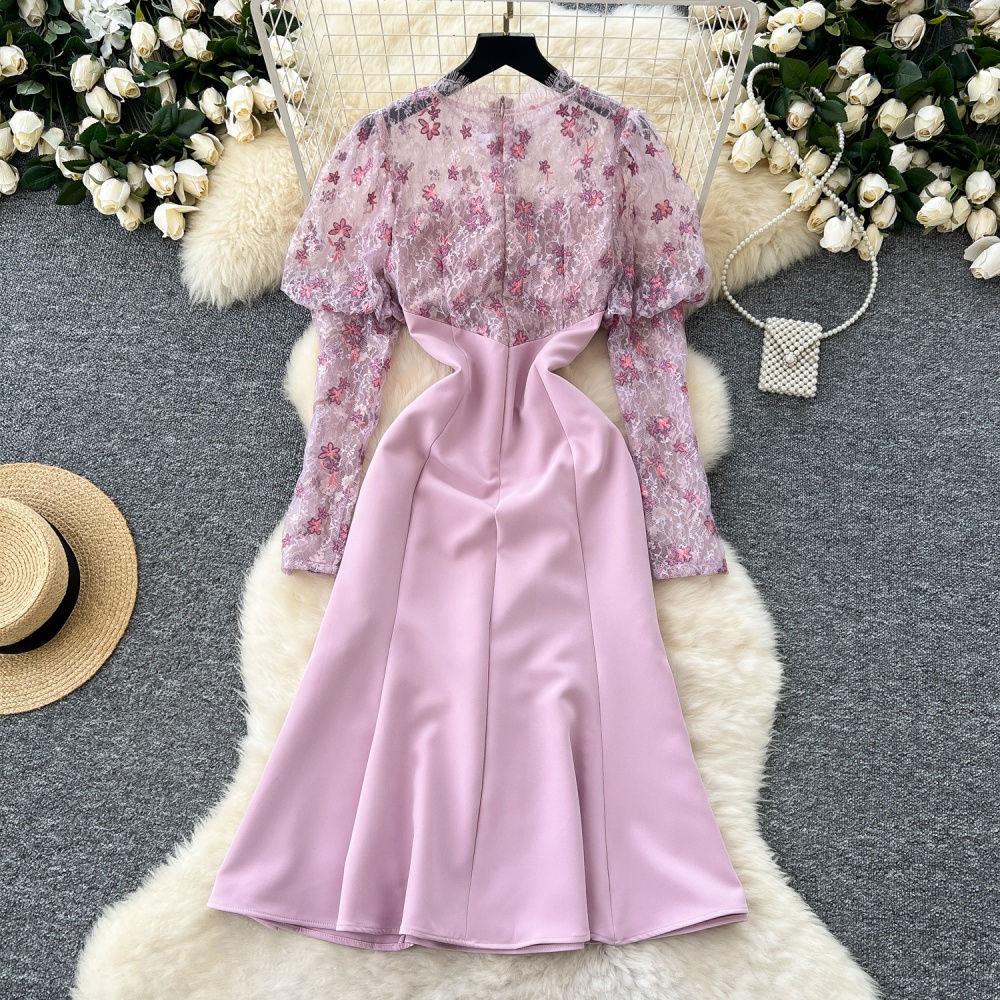 France style ladies dress pinched waist embroidery formal dress