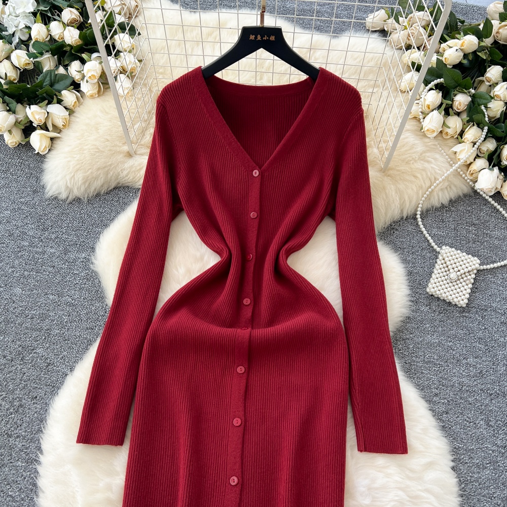 Slim bottoming dress Korean style pinched waist cardigan