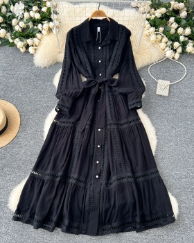 Pinched waist splice long dress retro lace dress