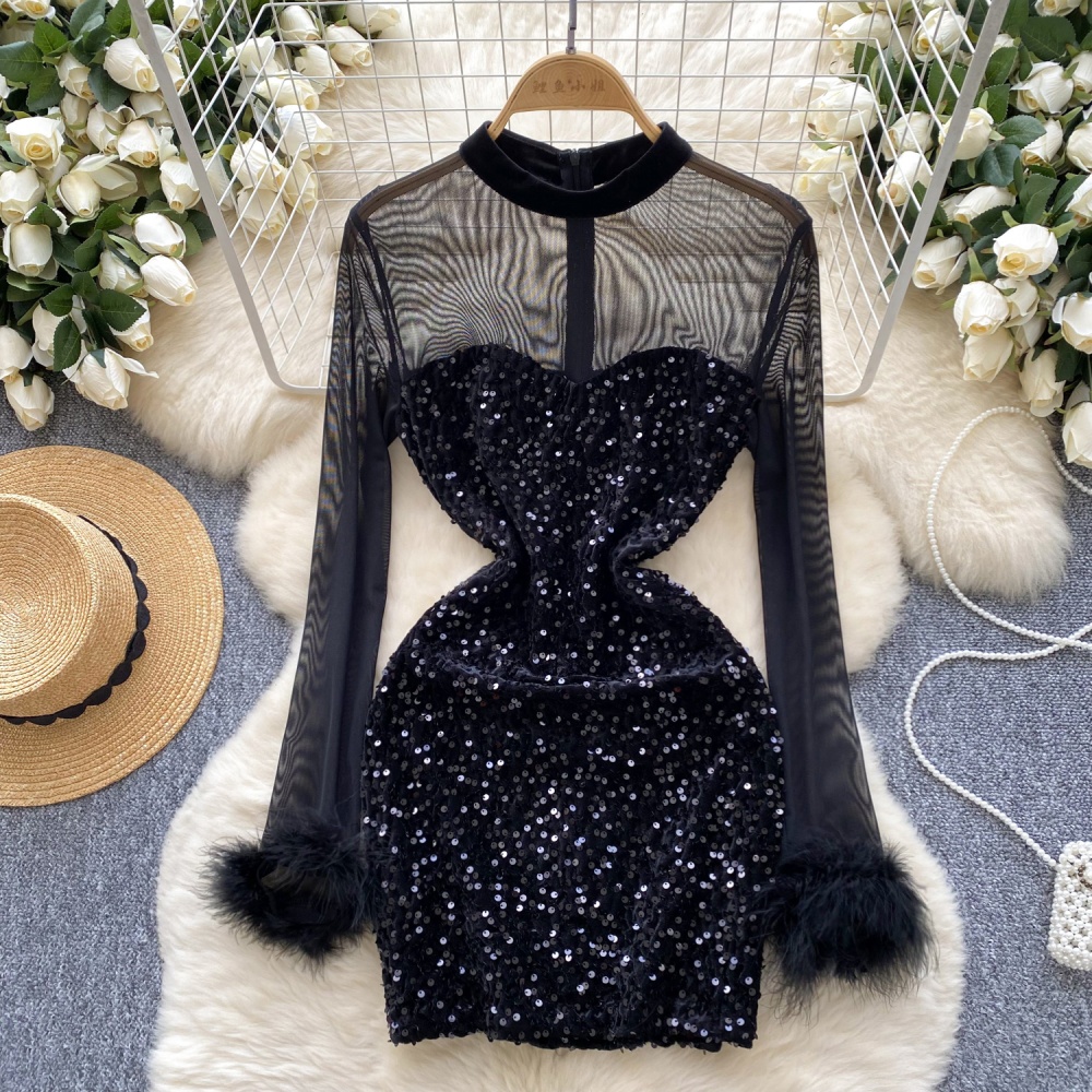 Light luxury banquet slim splice gauze dress for women