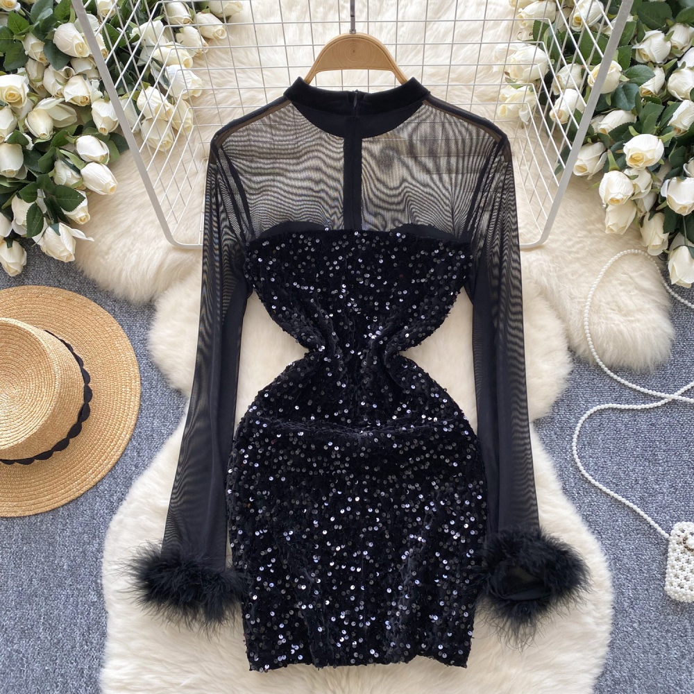 Light luxury banquet slim splice gauze dress for women