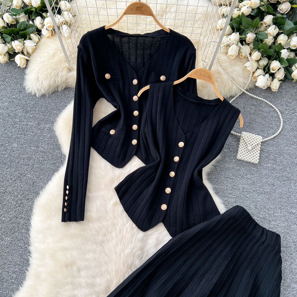 Sleeveless long sleeve skirt knitted vest 3pcs set for women