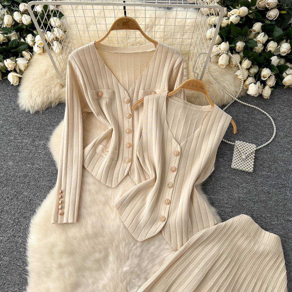 Sleeveless long sleeve skirt knitted vest 3pcs set for women