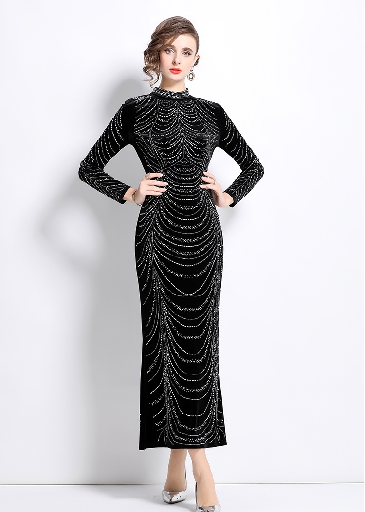 Velvet European style slim rhinestone dress