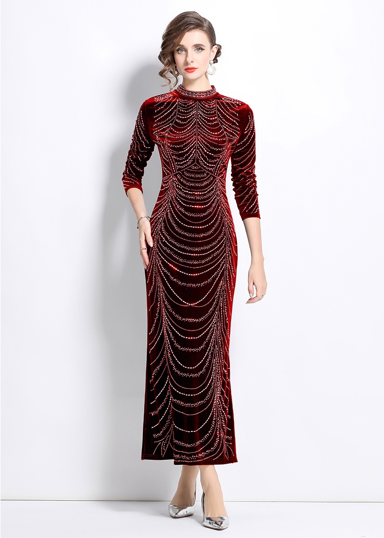 Velvet European style slim rhinestone dress