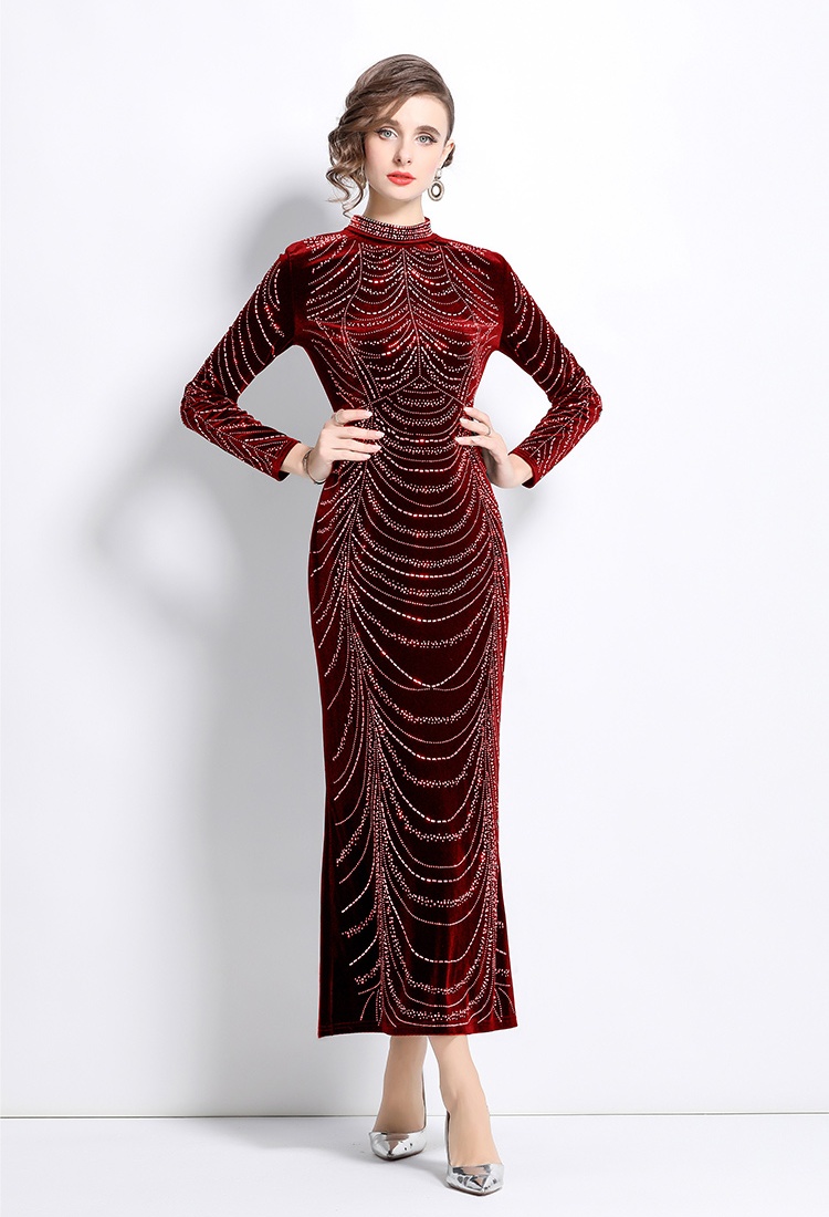 Velvet European style slim rhinestone dress