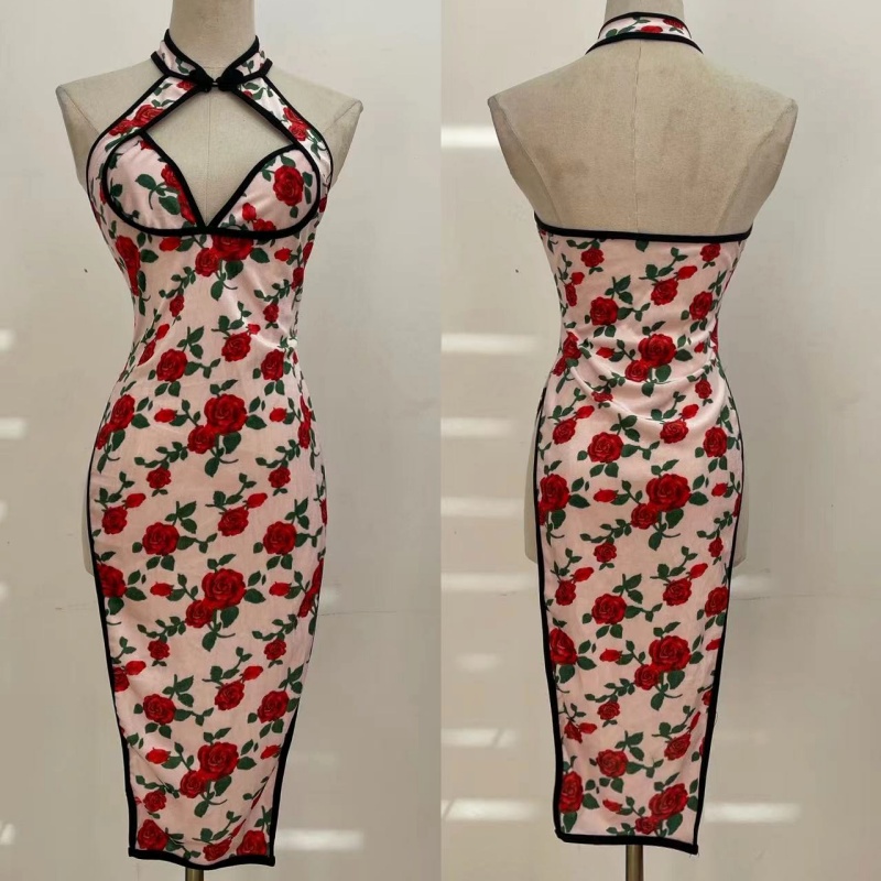 Low-cut big split dress floral cheongsam for women