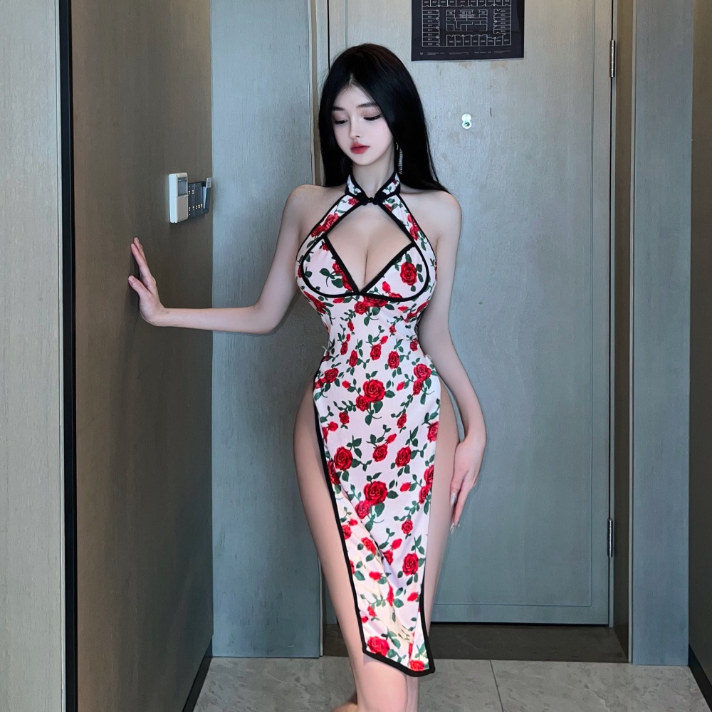 Low-cut big split dress floral cheongsam for women