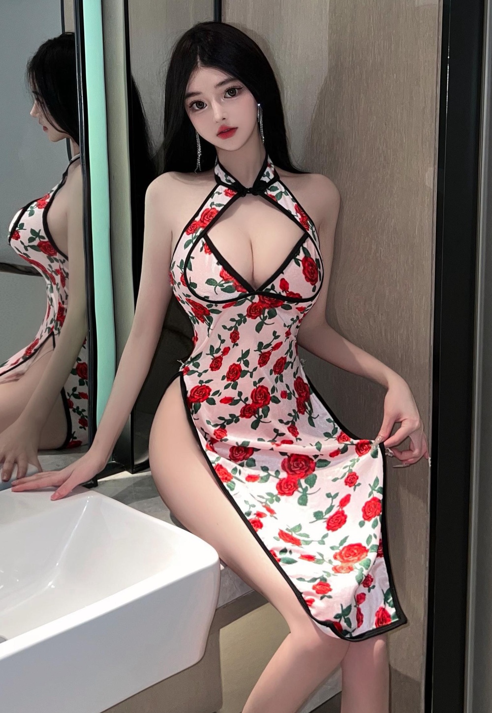 Low-cut big split dress floral cheongsam for women