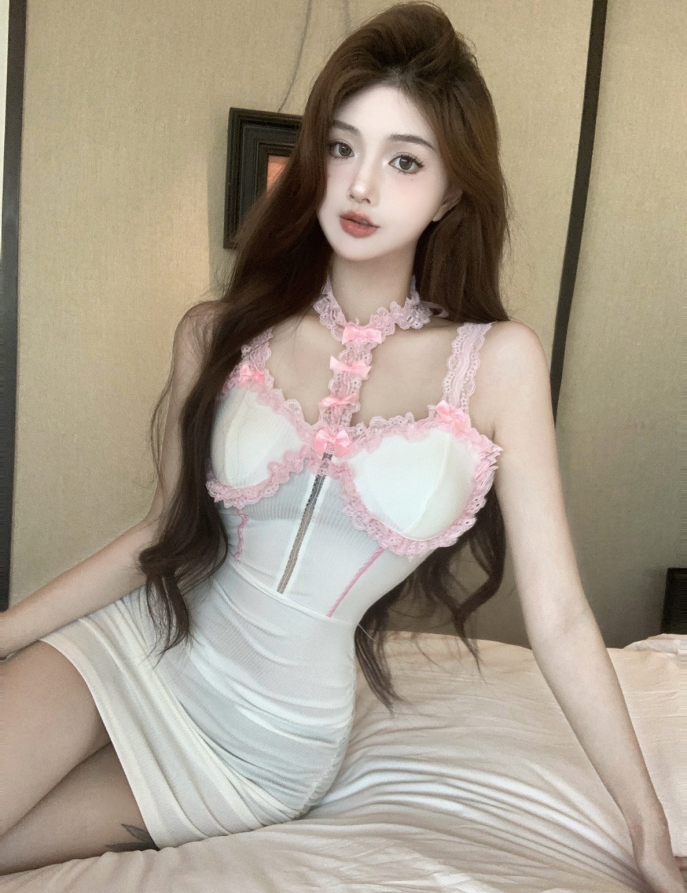 Sling stitching sexy pink dress for women