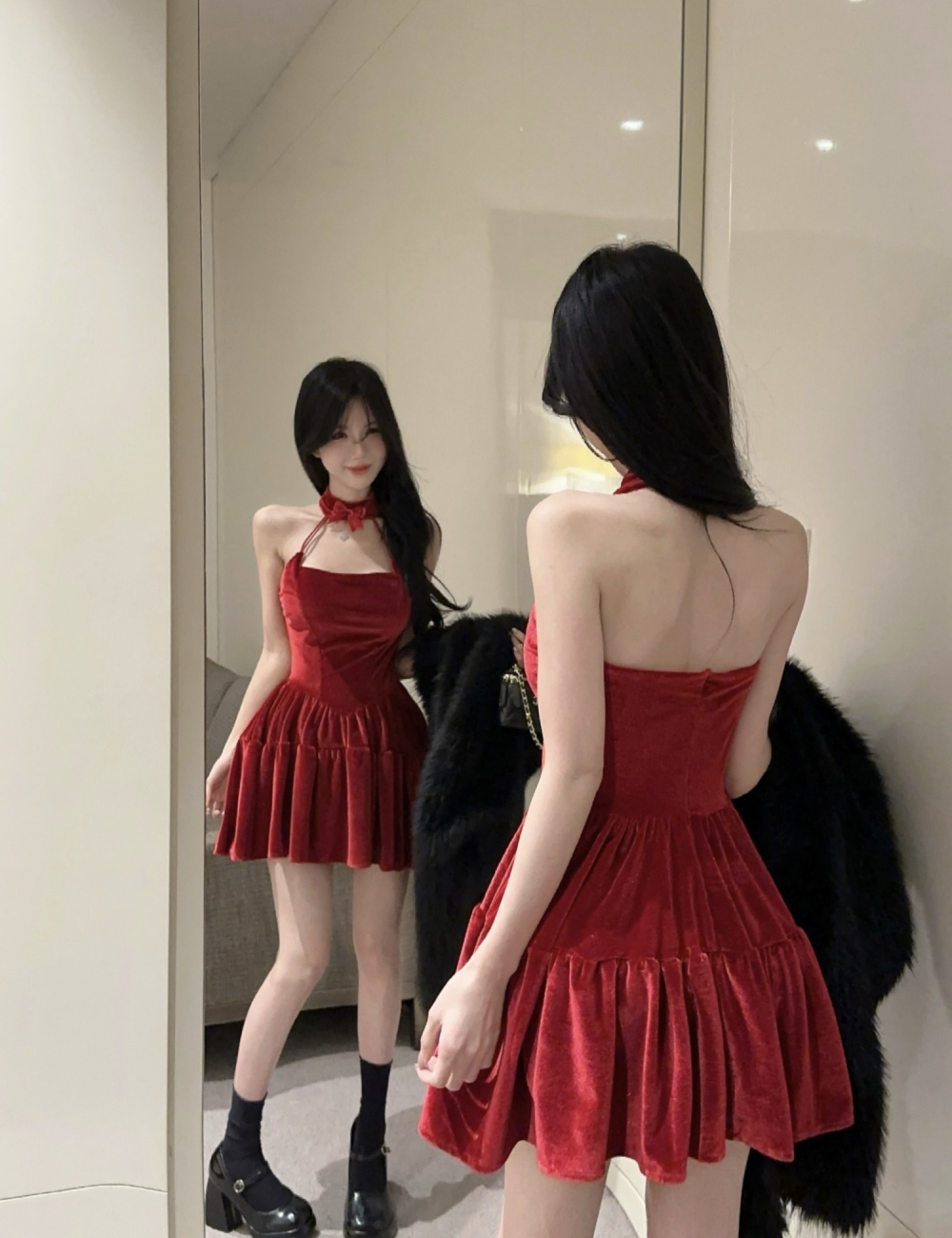 Velvet banquet big skirt sling red sexy spicegirl dress