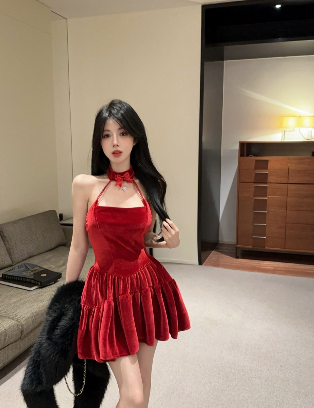 Velvet banquet big skirt sling red sexy spicegirl dress