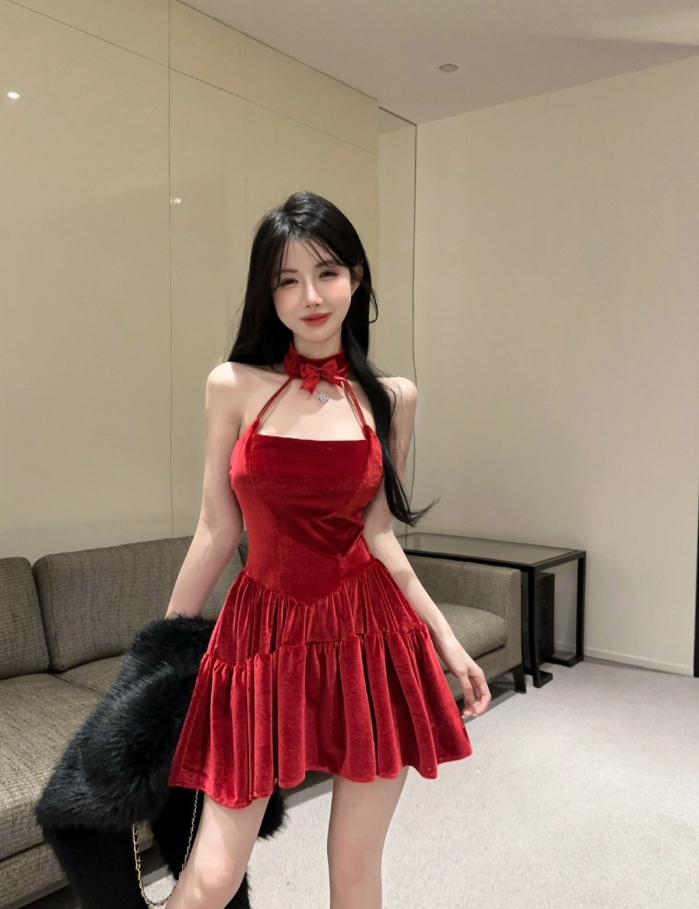 Velvet banquet big skirt sling red sexy spicegirl dress