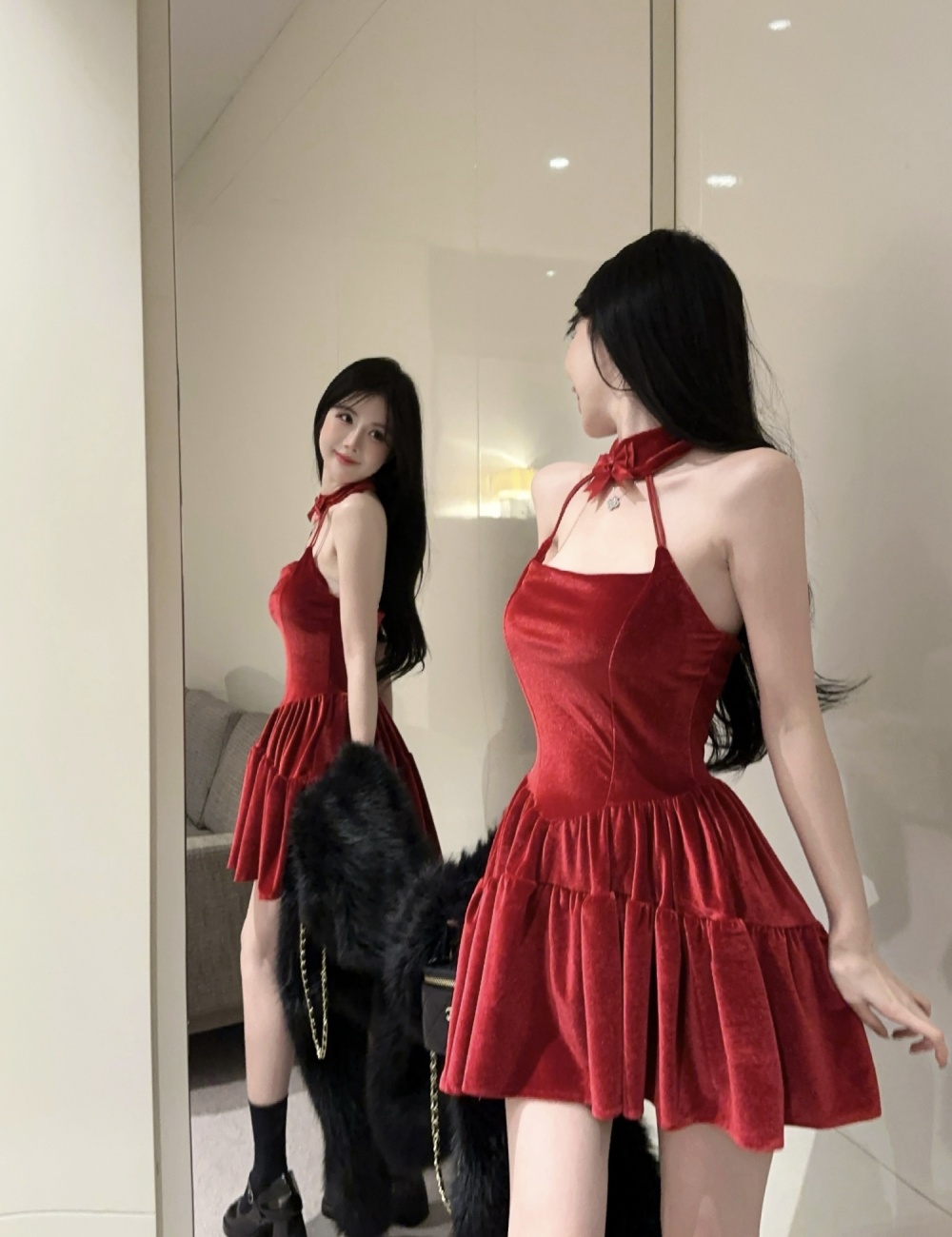 Velvet banquet big skirt sling red sexy spicegirl dress