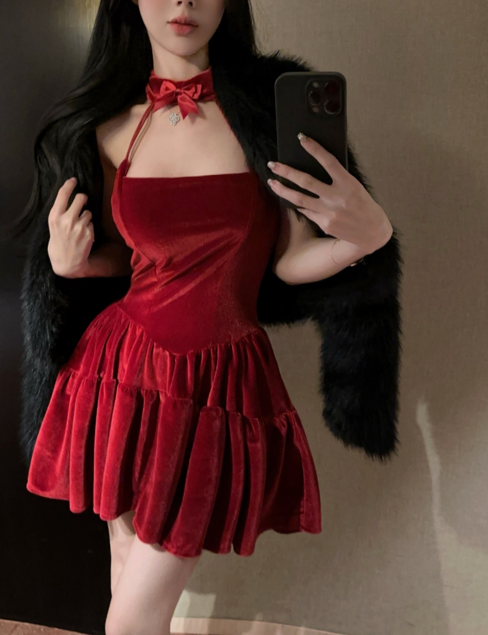 Velvet banquet big skirt sling red sexy spicegirl dress