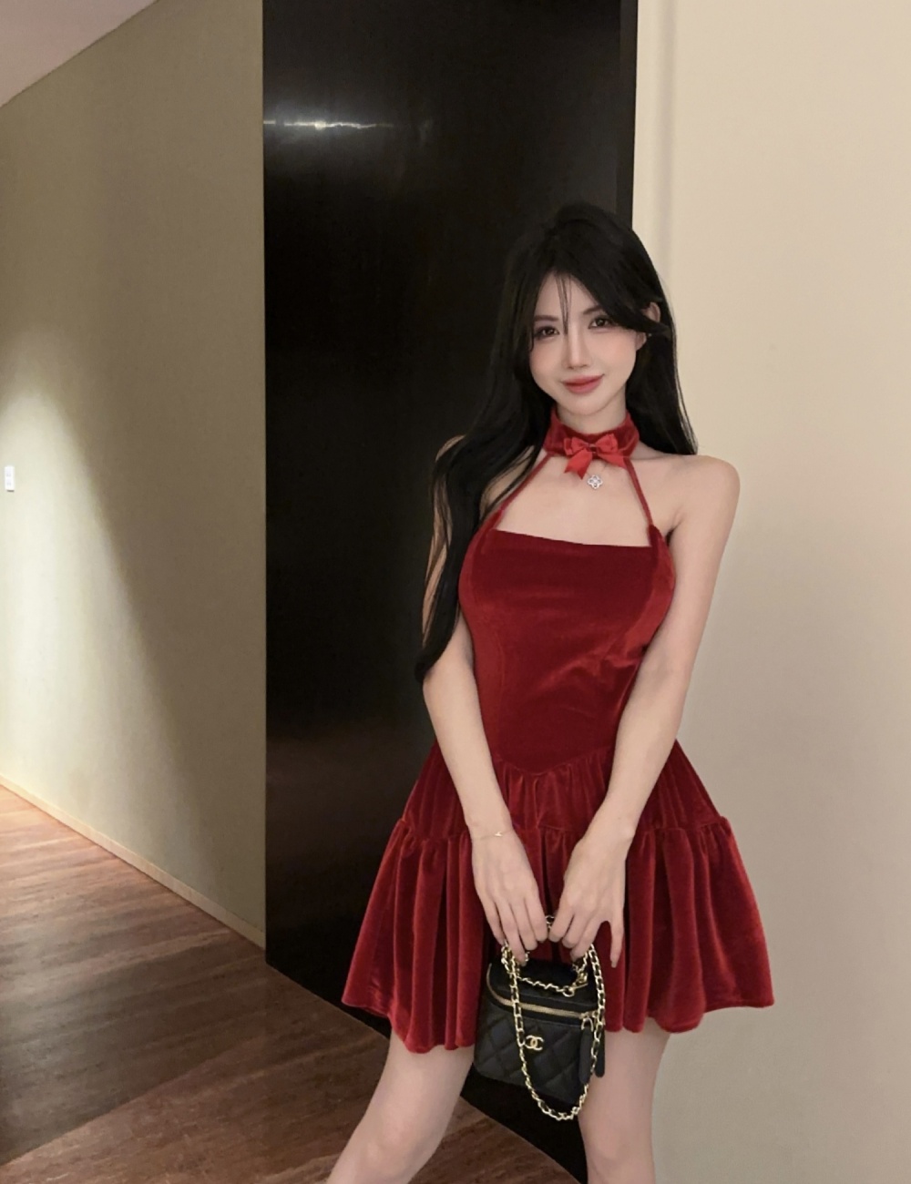 Velvet banquet big skirt sling red sexy spicegirl dress