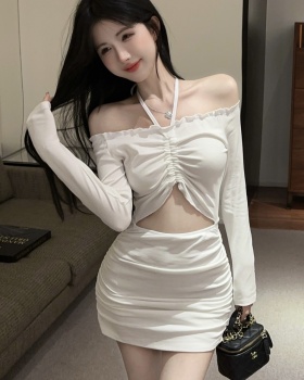 Long sleeve horizontal collar slim enticement white sexy dress