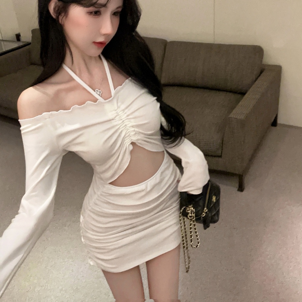 Long sleeve horizontal collar slim enticement white sexy dress