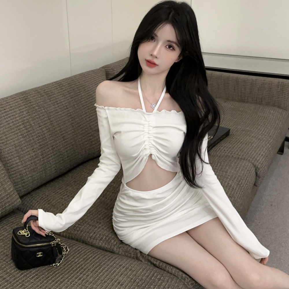 Long sleeve horizontal collar slim enticement white sexy dress