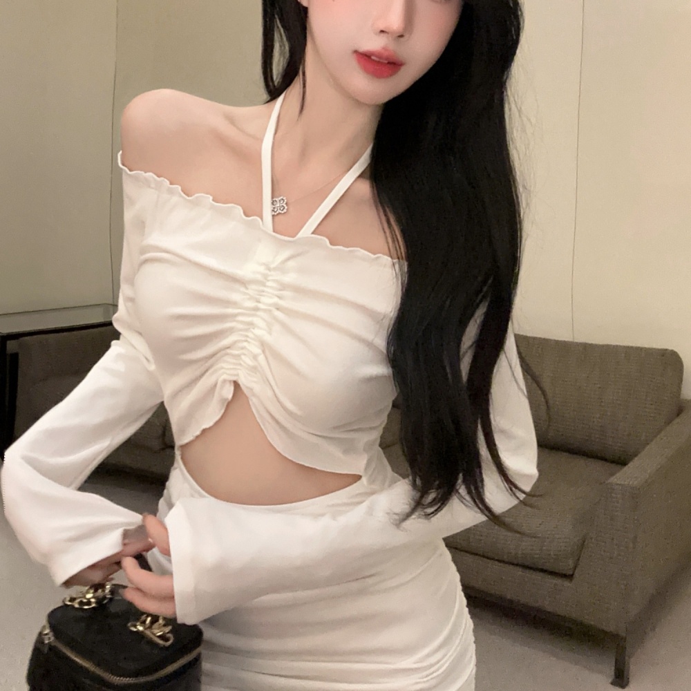 Long sleeve horizontal collar slim enticement white sexy dress