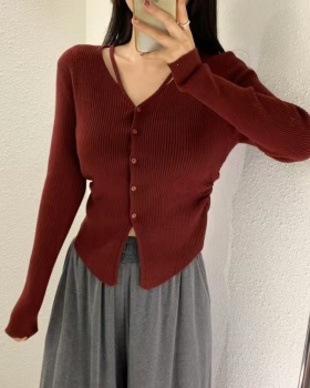 V-neck pit stripe cardigan Korean style sweater