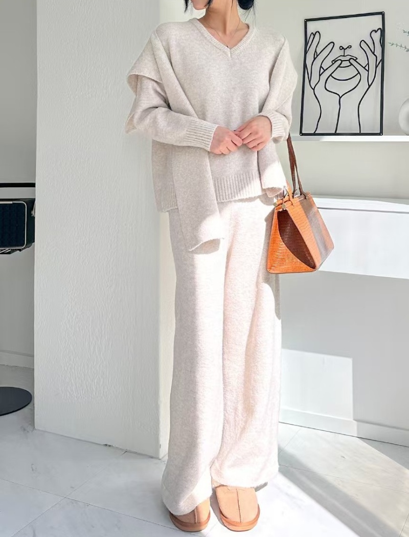 Loose drape shawl wide leg V-neck long pants 3pcs set