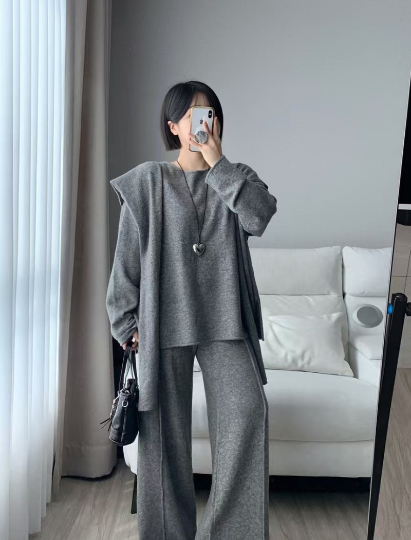 Long sleeve wide leg long pants loose shawl 3pcs set