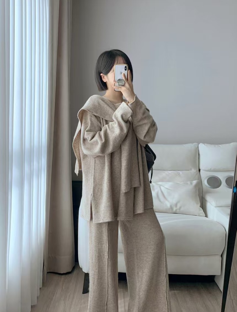 Long sleeve wide leg long pants loose shawl 3pcs set